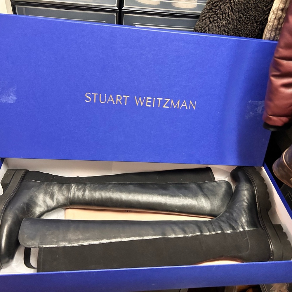 Stuart Weitzman Black Leather Over-the-Knee Boots with Stretch Panel